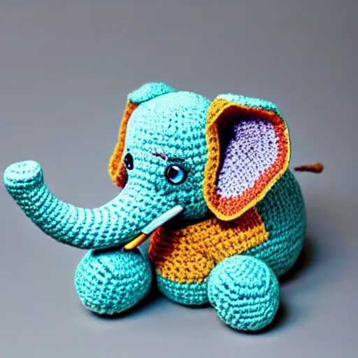 Image similar to close up of a cute crocheted elephant, concept art, illustrated, highly detailed, high quality, bright colors, optimistic,