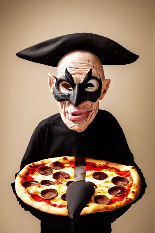 Image similar to portrait photo of an old wrinkled man, skinny face, bony face, long crooked nose, large gaping mouth, black pulcinella mask, masquerade mask, pointy conical hat, white wrinkled shirt, holding up a pizza, presenting a large pizza, close - up, skin blemishes, menacing, intimidating, masterpiece by lisa kristine