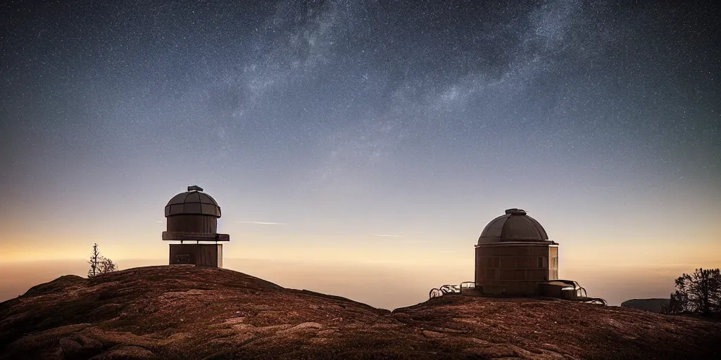 Prompt: stunning photo of landscape with an observatory on a mountain by mikko lagerstedt