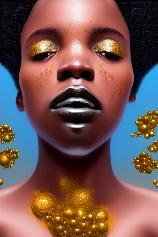 Prompt: hyperrealistic precisionist cinematic profile very expressive! black oshun goddess, in water! up to shoulders, mirror dripping droplet!, gold flowers, highly detailed face, digital art masterpiece, smooth eric zener cam de leon, dramatic pearlescent turquoise light on one side, low angle uhd 8 k, sharp focus