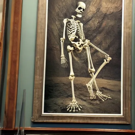 Image similar to A human skeleton in a museum with a picture of planet Earth next to it, science fiction