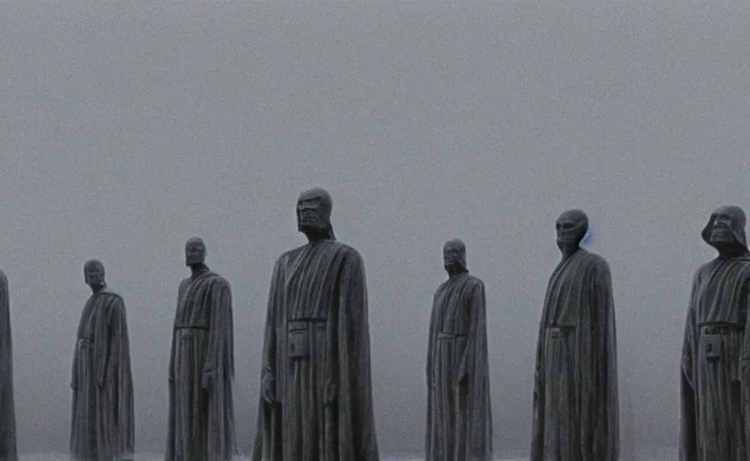 Image similar to screenshot of multiple grey Jedi statues by Zdzisław Beksiński, from 1970s star wars film thriller directed by Stanley Kubrick, iconic scene, 4k UHD still frame, windy hair, cinematic lighting, stunning cinematography, hyper detailed scene, anamorphic lenses, kodak color film stock