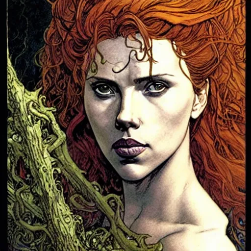 Image similar to a realistic, very beautiful and atmospheric portrait of scarlett johansson as a druidic warrior wizard looking at the camera with an intelligent gaze by rebecca guay, michael kaluta, charles vess and jean moebius giraud