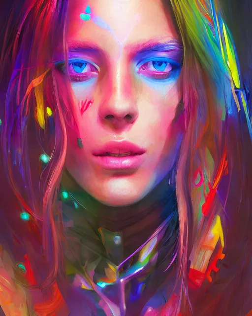 Image similar to colorful portrait of a brunette hippie, but set in the future 2 1 5 0 | highly detailed | very intricate | symmetrical | professional model | cinematic lighting | award - winning | painted by mandy jurgens | pan futurism, dystopian, bold psychedelic colors, cyberpunk, anime aesthestic | featured on artstation