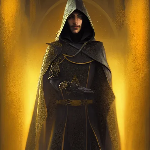 Prompt: portrait of a mysterious and cunning male high elf inquisitorial agent wearing a black hooded agent's cloak with yellow religious filigree, by Raymond Swanland Greg Rutkowski Lise Deharm, intricate, masterpiece, sharp, digital art, full head, ArtStation, CGStation, 8k