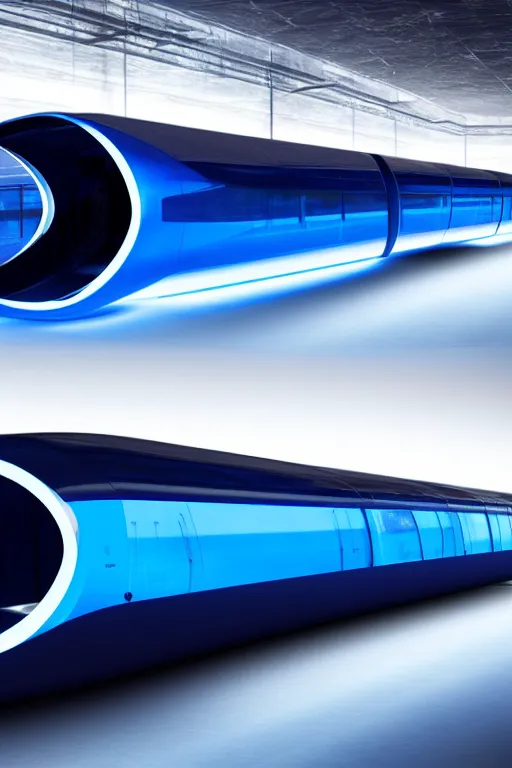 Prompt: transparent long dark blue plastic hyperloop architecture concept by zaha hadid, space capsule glowing in the dark, dark moody monochrome colors,