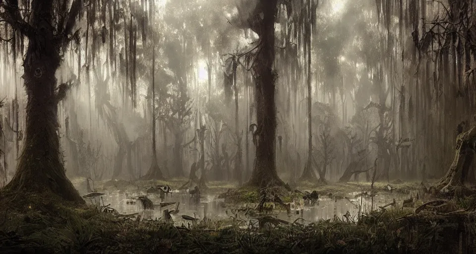 Prompt: A dense and dark enchanted forest with a swamp, by Greg Rutkowski