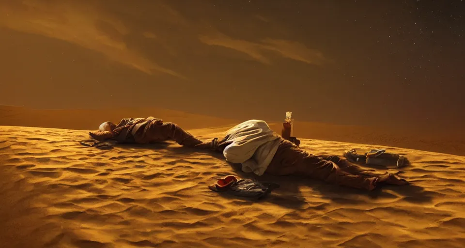 Image similar to a man resting in the desert at night, artstation