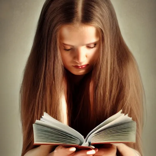 Prompt: a girl reading book, hair flowing down, symmetrical, anatomically correct, high resolution, 4K, photo realistic