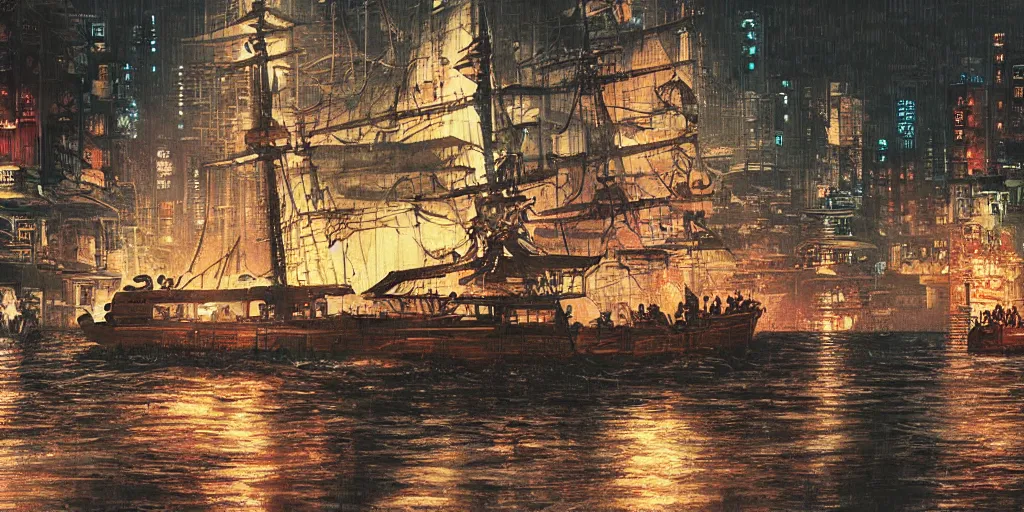 Image similar to cruiser sailing on flooded miniature kowloon city at night, raining, misty, art by yoshitaka amano, and artgerm, pixel art