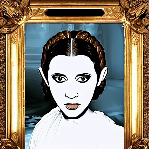 Prompt: portrait of a young and beautiful princess leia doing a duckface!!!!, in a light white dress, digital art, golden hour, smooth, extremely detailed