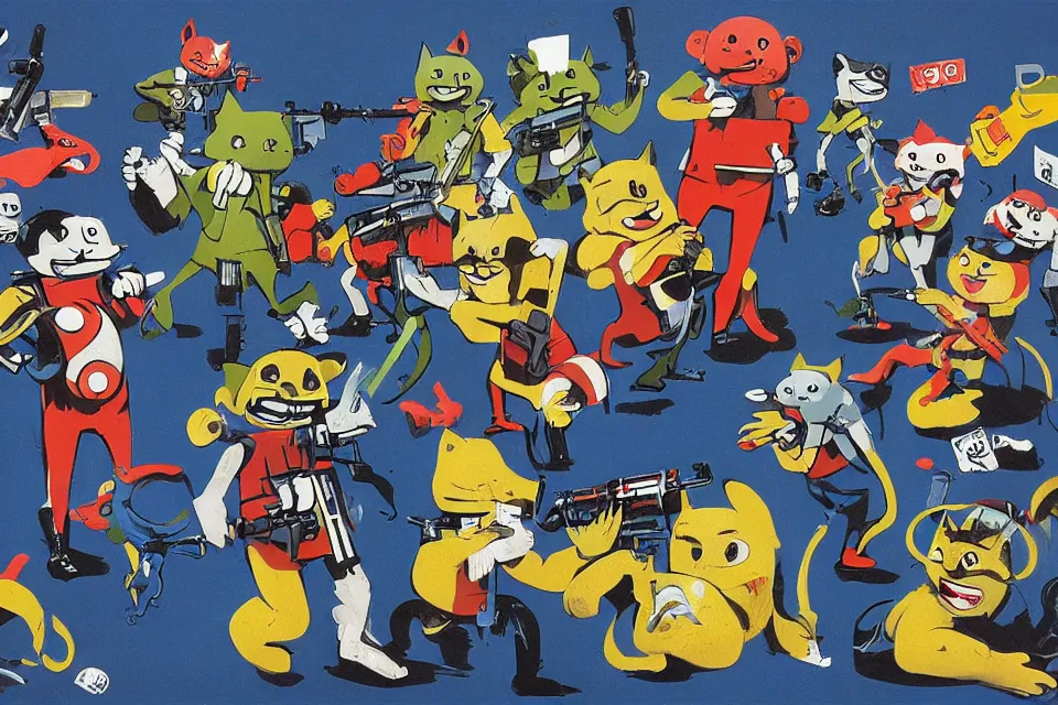 Prompt: concept paintings of supersoaker bazookas with cat-headed ammo, by jamie hewlett
