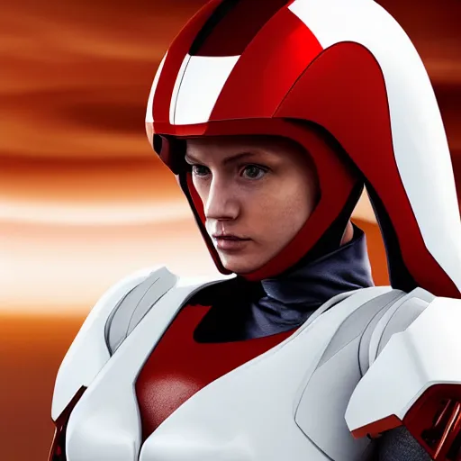 Image similar to portrait of a beautiful female soldier, no makeup, in glossy sleek white armor inspired by samus aran and a long red cape, head tilted back, determined expression, no helmet, on the surface of mars, cinematic, sci-fi, hyperrealistic, detailed