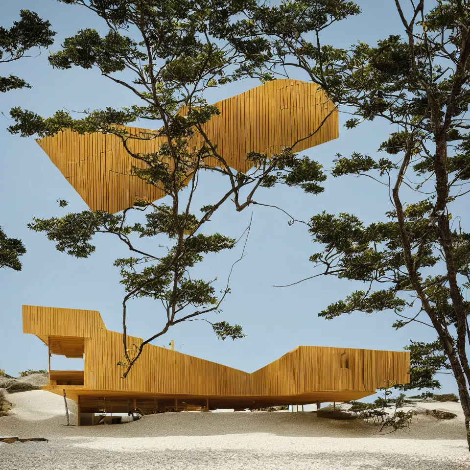 Prompt: architecture ad for a mid-century small modern house on the beach, designed by Kengo Kuma. Film grain, cinematic, yellow hue