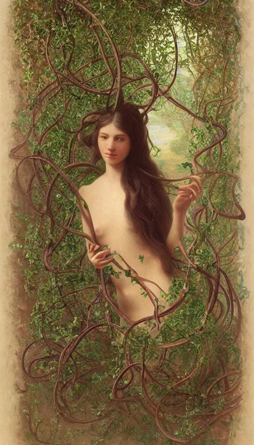 Image similar to very detailed portrait of a 2 0 years old girl surrounded by tentacles, the youg woman visage is blooming from fractal and vines, by albert bierstadt,