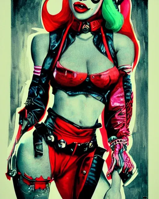 Prompt: lady gaga as harley quinn, grotesque, horror, high details, bright colors, striking, intricate details, by vincent di fate, artgerm julie bell beeple, 1 9 8 0 s, inking, vintage 8 0 s print, screen print