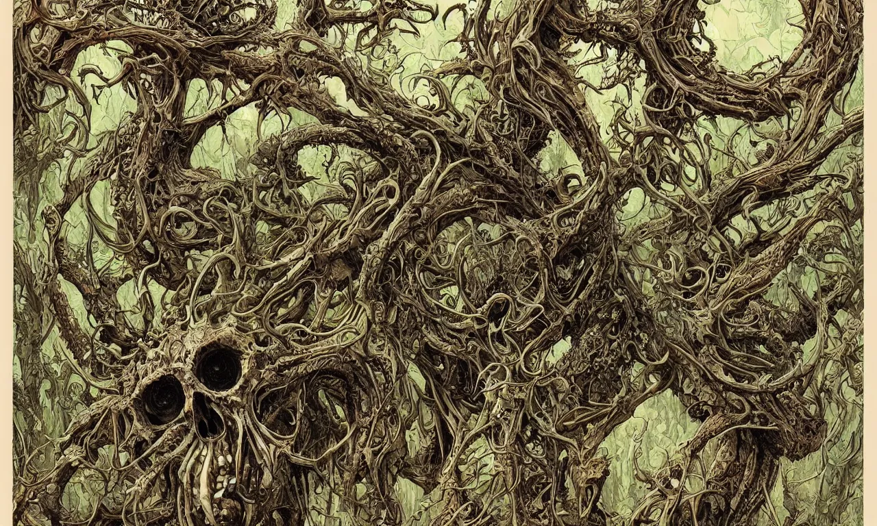 Image similar to hyperdetailed art nouveau portrait of treebeard as a cthulhu eyeball skull dragon chimera, by geof darrow, simon bisley and bill sienkiewicz, grim yet sparkling atmosphere, photorealism, claws, skeleton, antlers, fangs, forest, wild, crazy, horror, lynn varley, lovern kindzierski, steve oliff