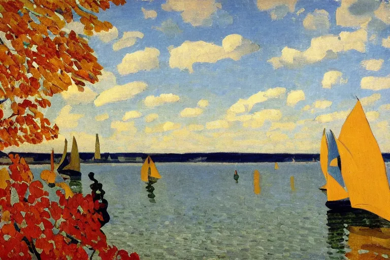 Image similar to A vivid landscape painting of the Chesapeake bay in the fall, bathed in golden light, peaceful, sailboats, birds in the distance, golden ratio, fauvisme, art du XIXe siècle, figurative oil on canvas by André Derain, Albert Marquet, Auguste Herbin, Louis Valtat, Musée d'Orsay catalogue