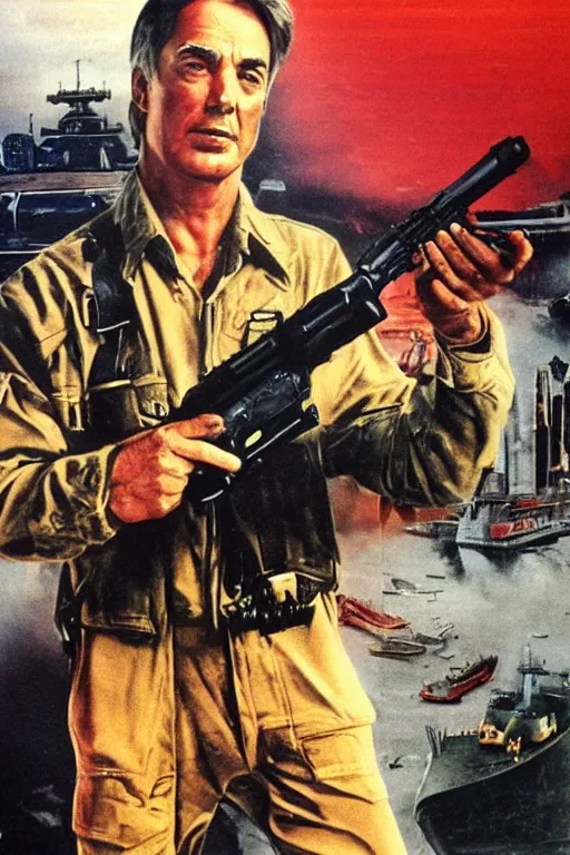 Prompt: mark harmon with an uzi, 1 9 8 0 s vhs tape cover, stampa giustiziere della notte, atmospheric, realism, horror, grimy, bad guy kidnapping woman, highly detailed, high octane render, hd, sunken battleships, in the style of enzo sciotti