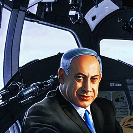 Prompt: benjamin netanyahu as the terminator in a helicopter, establishing shot, cinematic lighting