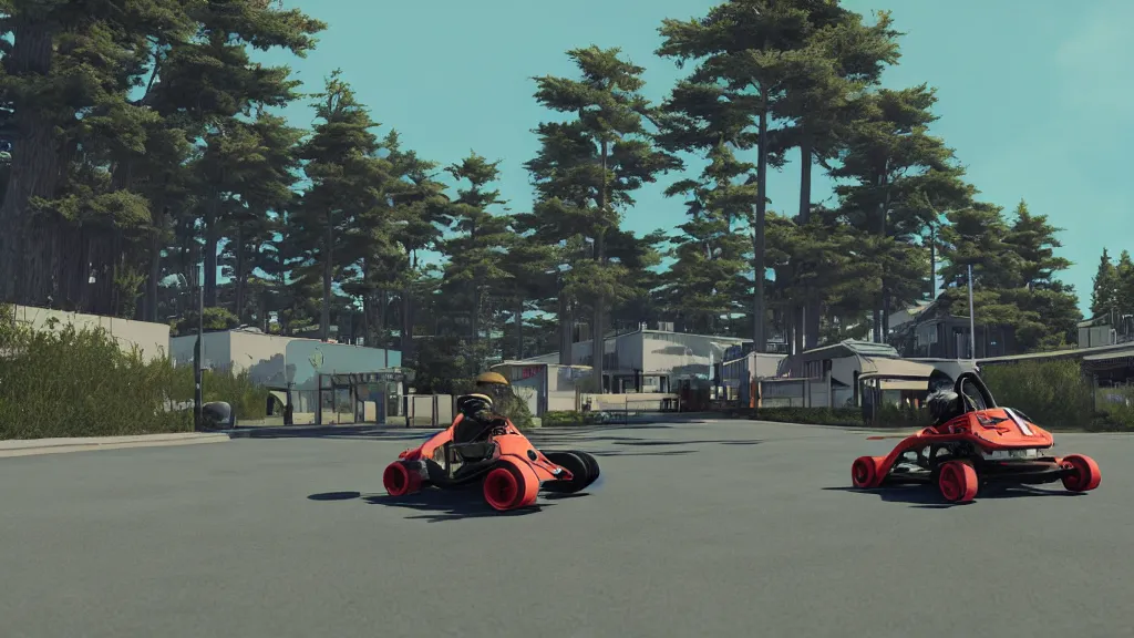 Prompt: I am following Sheldon Evans, driving around in go-karts, very high detailed screen print by Kawase Hasui and dan hillier, 8k unreal engine