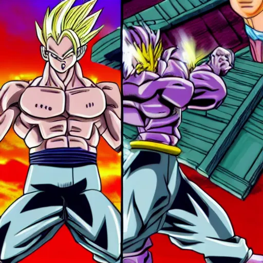 Prompt: trunks briefs battling frieza and king cold