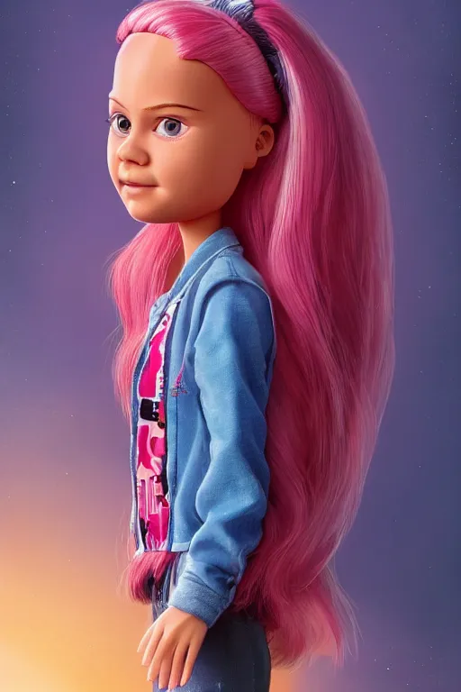 Prompt: greta thunberg as a barbie doll, vivid colors, high details, cinematic, 8k resolution, beautiful detailed, photorealistic, digital painting, artstation, concept art, smooth, sharp focus, illustration, fantasy background, artstation trending, octane render, unreal engine