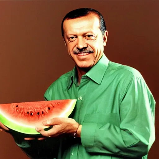 Image similar to recep tayyip erdogan smiling holding watermelon for a 1 9 9 0 s sitcom tv show, studio photograph, portrait