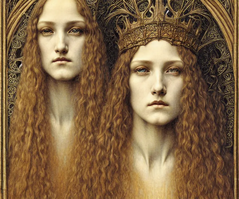 Image similar to detailed realistic beautiful young medieval queen face portrait by jean delville, gustave dore and marco mazzoni, art nouveau, symbolist, visionary, gothic, pre - raphaelite. horizontal symmetry