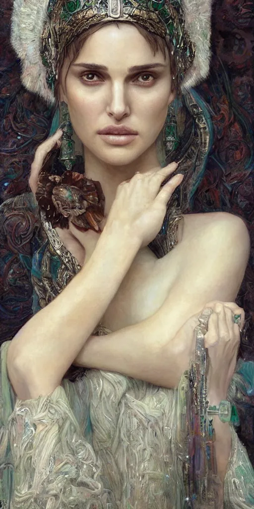 Image similar to epic masterpiece portrait of priestess played by natalie portman, followed by head with many souls, beautiful face and flawless skin, perfect hands, emeralds by Edgar Maxence and Ross Tran and Michael Whelan