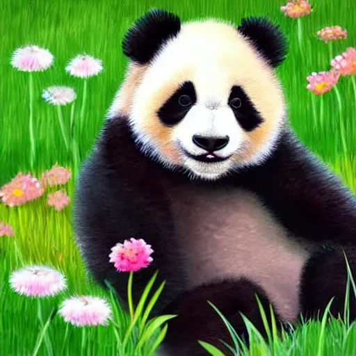 Prompt: cute fluffy baby panda cub sitting in spring meadow landscape with flowers detailed painting 4K