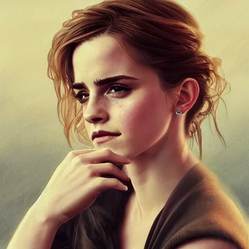 Prompt: Emma Watson showing her ring on finger, realistic, digital painting, portrait, elegant, cinematic lighting, mysterious, highly detailed, artstation, concept art, illustration, smooth, sharp focus, editor's pickup, trending on artstation, trending on deviantart, alphonse mucha, WLOP