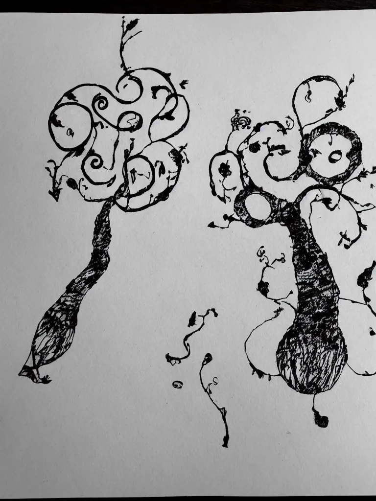 Prompt: an ink pen drawing of an acorn that turns into a tree in the shape of a treble clef with a few scattered leaves, simple and messy