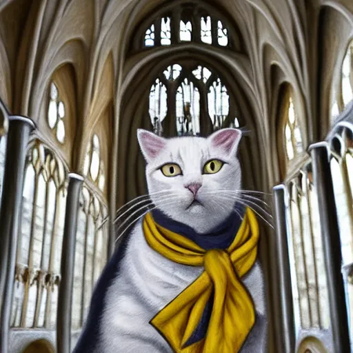 Image similar to oil painting extreme wide shot of a white and grey tabby cat wearing a hufflepuff scarf, in the Gloucester Cathedral cloisters, realistic, in the style of Harry Potter