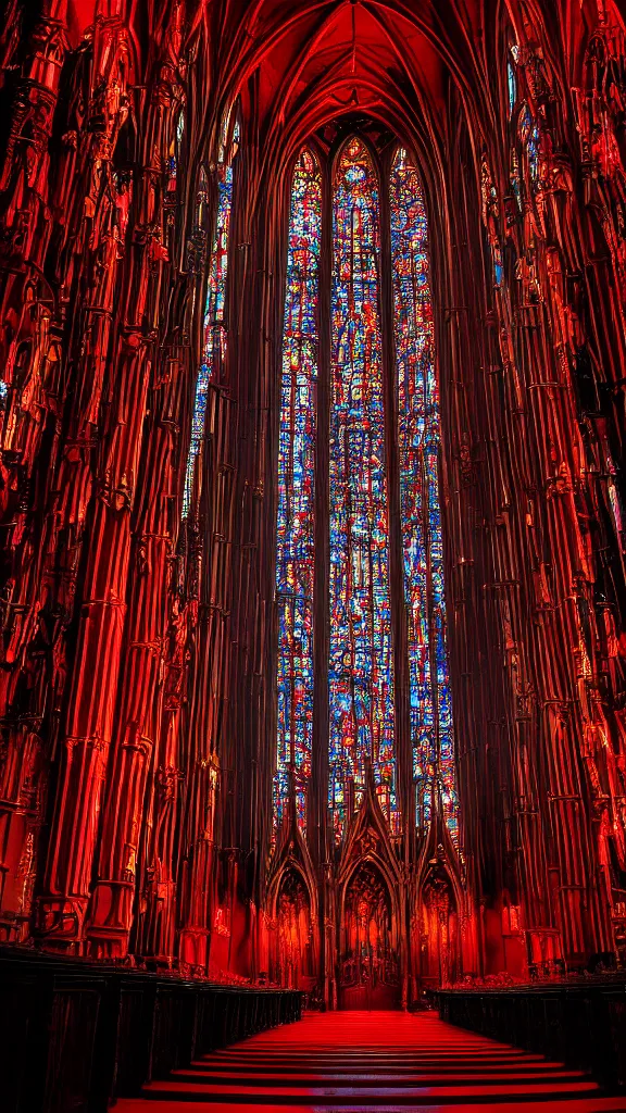 Prompt: Satanic mega-church temple auditorium, crowd of thousands of worshippers, sublime gothic architecture, red stained glass windows, sunrays, eerie lighting, unholy ceremony, sacrilegious rite, infernal, demonic, hellish, Realism, 4k, 8mm, photographic