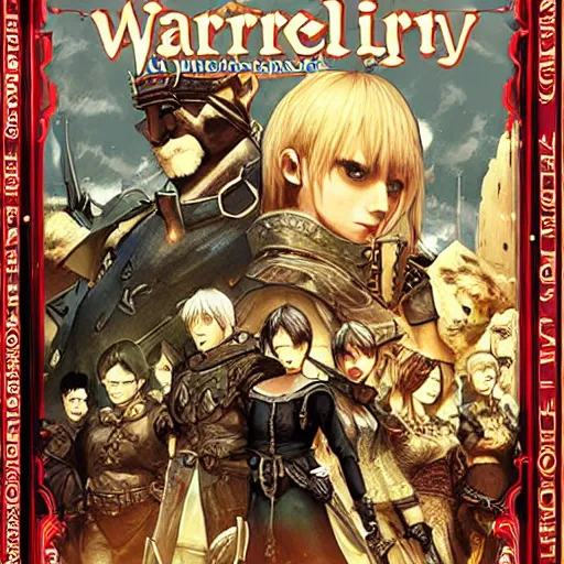 Image similar to Warkly 2, medieval fantasy game poster printed on playstation 2 video game box , Artwork by Akihiko Yoshida, cinematic composition