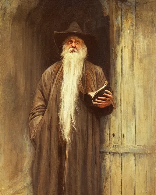 Image similar to Solomon Joseph Solomon and Richard Schmid and Jeremy Lipking victorian genre painting portrait painting of a old rugged actor wizard wearing a wizard hat and robe from the hobbit holding a book and standing in front of an ancient wooden door