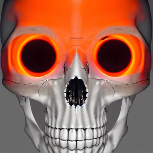 Image similar to real human skull with robotic circular orange light electronic eyes in eye sockets, cyberpunk, futurism