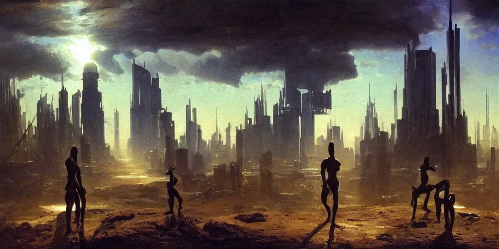 Image similar to black male cyborg body modifications hd albert bierstadt painting low perspective! cyberpunk city neon sun rays