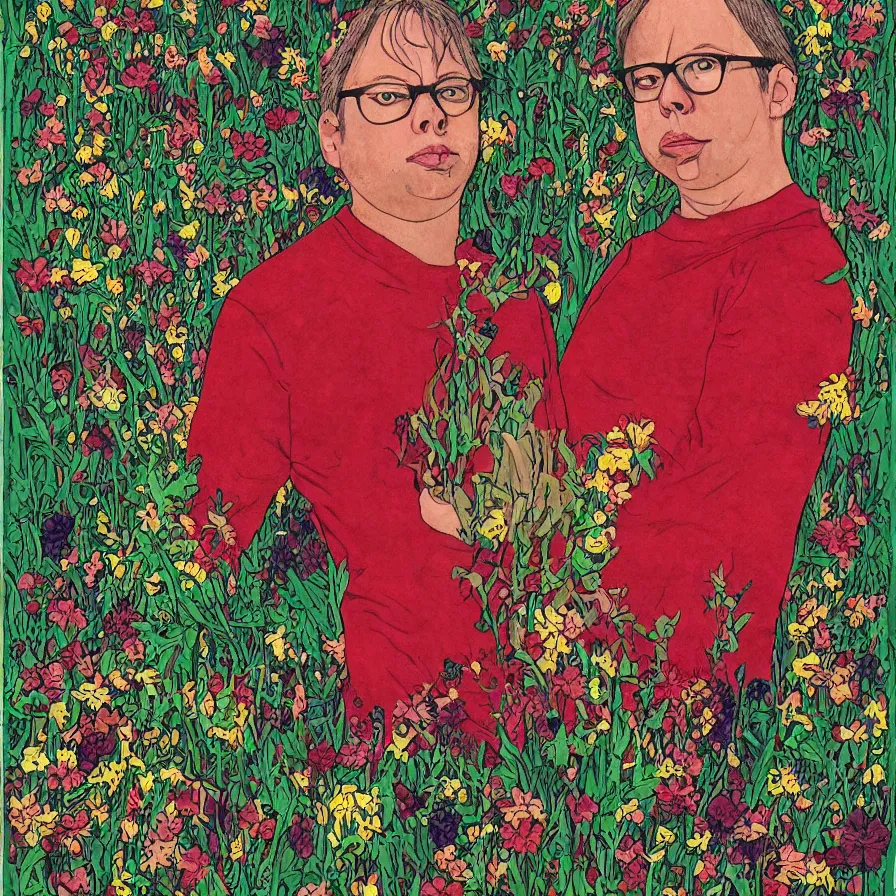 Image similar to todd solondz john zorn male portrait of the john zorn todd solondz of the underworld puking blood surrounded by flowers by karol ba