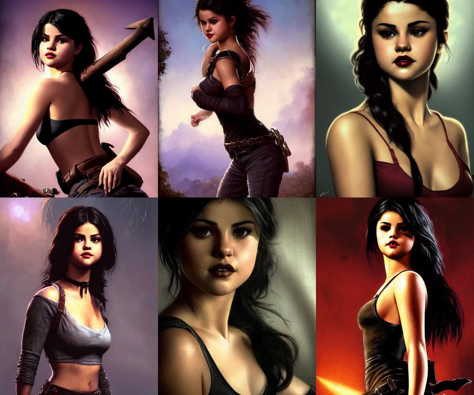 Prompt: a beautiful cinematic masterpiece portrait of selena gomez as gothic evil chloe frazer from uncharted 4, by gil elvgren, by frank frazetta, by greg rutkowski, trending on artstation, featured on pixiv, clothed non - nude portrait, hyper detailed, beautiful studio lights, intricate elegant digital painting, cinematic composition dramatic pose, smooth, sharp focus,