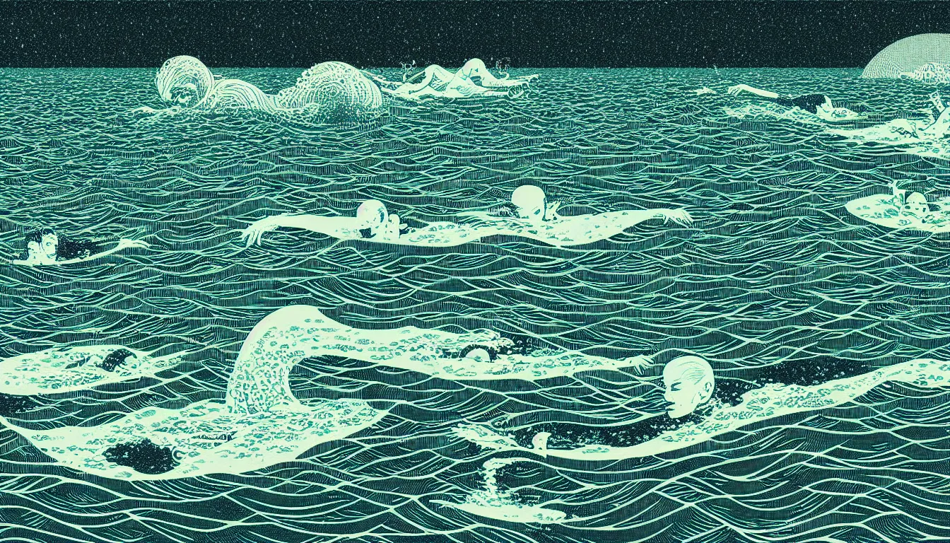 Prompt: swimming in the ocean at night by woodblock print, nicolas delort, moebius, victo ngai, josan gonzalez, kilian eng