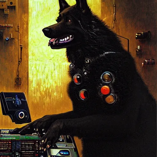 Prompt: a portrait of a black german shepard orc dogman canine neuromancer with human eyes serious looking holding computer console. shadowrun cyberpunk fantasy d & d fallout 1 9 9 8 highly detailed painting by gaston bussiere craig mullins jc leyendecker gustav klimt artgerm greg rutkowski
