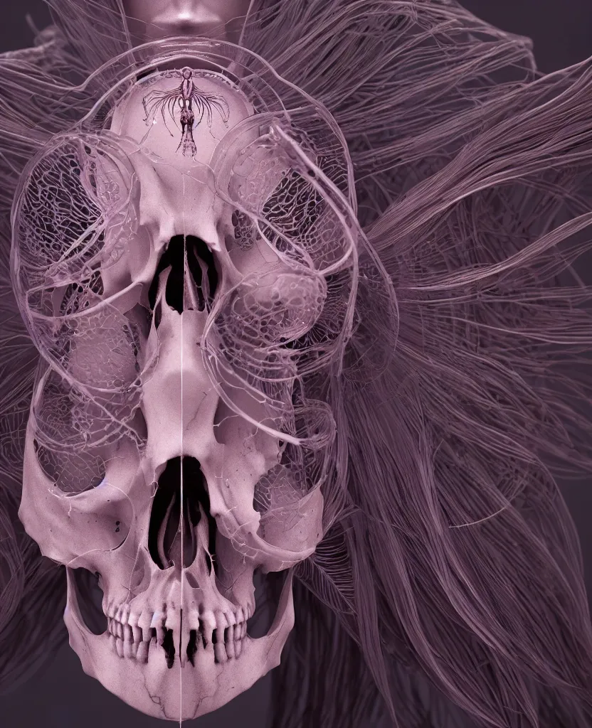 Image similar to symmetry!! goddess close - up portrait human skeleton, ram skull, squid phoenix jellyfish, orchid, betta fish, bioluminiscent, intricate artwork by tooth wu and wlop and beeple. octane render, trending on artstation, greg rutkowski very coherent symmetrical artwork. cinematic, hyper realism, high detail, octane render, 8 k