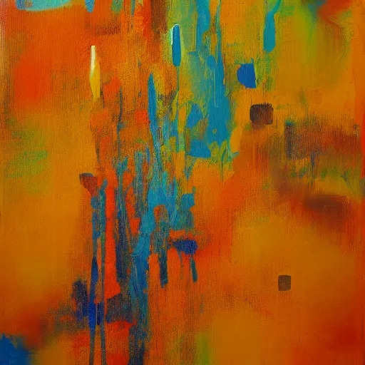 Image similar to orange, yellow, blue, abstract emulsion, oil on canvas