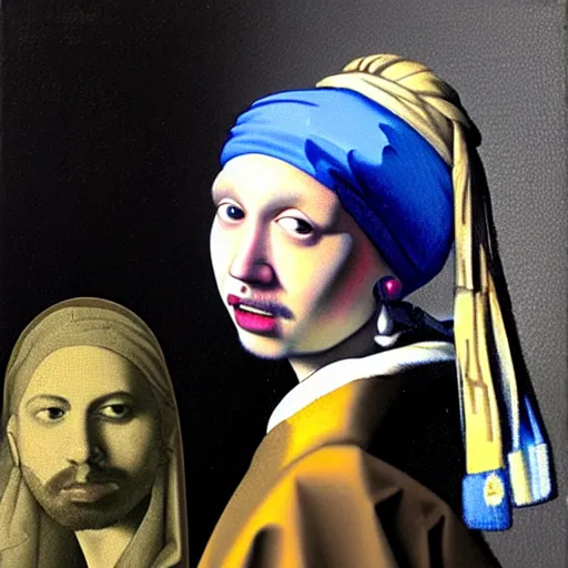 Image similar to Post Malone with a Pearl Earring by Johannes Vermeer, realistic painting