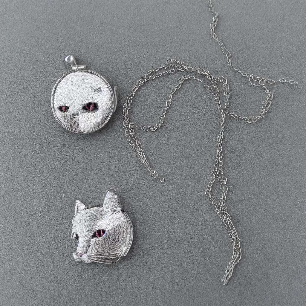 Prompt: Silver embroidered amulet, realistic, clean, cat,