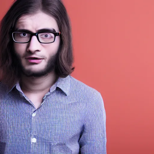 Prompt: Young man with glasses, long hair and glasses screams in fear at a calendar