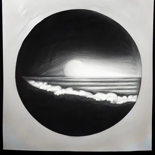 Image similar to a realistic charcoal drawing of a black circular void floating over the ocean in the style of Marco Tirelli, surreal