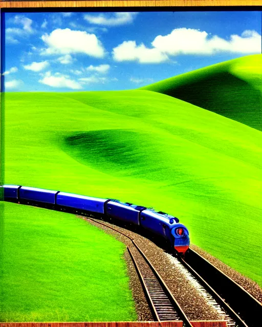 Image similar to strange. a train traveling through a lush green countryside, an album cover by ian hamilton finlay, tumblr, expressionism, windows xp, strange, ue 5